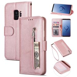 Retro Calfskin Zipper Leather Wallet Case Cover for Samsung Galaxy S9 - Rose Gold