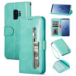 Retro Calfskin Zipper Leather Wallet Case Cover for Samsung Galaxy S9 - Mint Green