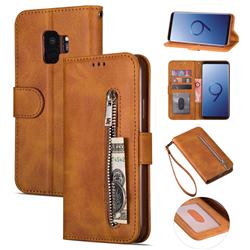 Retro Calfskin Zipper Leather Wallet Case Cover for Samsung Galaxy S9 - Brown