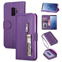 Retro Calfskin Zipper Leather Wallet Case Cover for Samsung Galaxy S9 - Purple