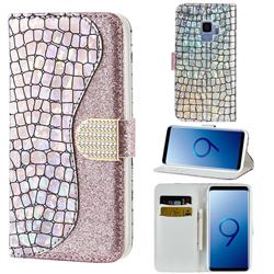 Glitter Diamond Buckle Laser Stitching Leather Wallet Phone Case for Samsung Galaxy S9 - Pink