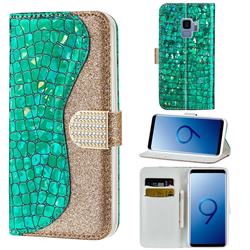 Glitter Diamond Buckle Laser Stitching Leather Wallet Phone Case for Samsung Galaxy S9 - Green