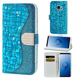 Glitter Diamond Buckle Laser Stitching Leather Wallet Phone Case for Samsung Galaxy S9 - Blue