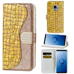 Glitter Diamond Buckle Laser Stitching Leather Wallet Phone Case for Samsung Galaxy S9 - Gold