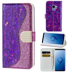 Glitter Diamond Buckle Laser Stitching Leather Wallet Phone Case for Samsung Galaxy S9 - Purple