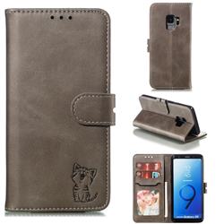 Embossing Happy Cat Leather Wallet Case for Samsung Galaxy S9 - Gray