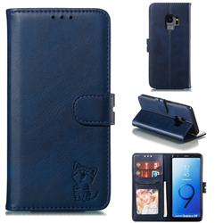 Embossing Happy Cat Leather Wallet Case for Samsung Galaxy S9 - Blue