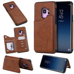 Luxury Tree and Cat Multifunction Magnetic Card Slots Stand Leather Phone Back Cover for Samsung Galaxy S9 - Brown