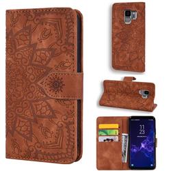 Retro Embossing Mandala Flower Leather Wallet Case for Samsung Galaxy S9 - Brown