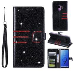 Retro Stitching Glitter Leather Wallet Phone Case for Samsung Galaxy S9 - Black