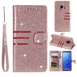 Retro Stitching Glitter Leather Wallet Phone Case for Samsung Galaxy S9 - Rose Gold
