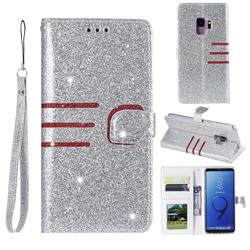 Retro Stitching Glitter Leather Wallet Phone Case for Samsung Galaxy S9 - Silver