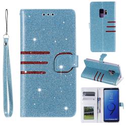 Retro Stitching Glitter Leather Wallet Phone Case for Samsung Galaxy S9 - Blue