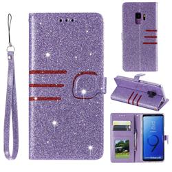 Retro Stitching Glitter Leather Wallet Phone Case for Samsung Galaxy S9 - Purple