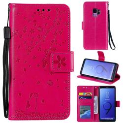 Embossing Cherry Blossom Cat Leather Wallet Case for Samsung Galaxy S9 - Rose