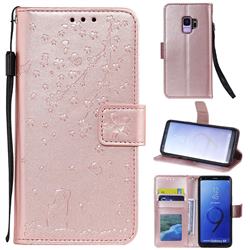 Embossing Cherry Blossom Cat Leather Wallet Case for Samsung Galaxy S9 - Rose Gold
