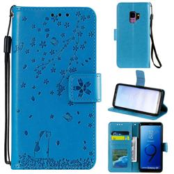 Embossing Cherry Blossom Cat Leather Wallet Case for Samsung Galaxy S9 - Blue