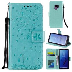 Embossing Cherry Blossom Cat Leather Wallet Case for Samsung Galaxy S9 - Green