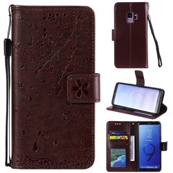 Embossing Cherry Blossom Cat Leather Wallet Case for Samsung Galaxy S9 - Brown