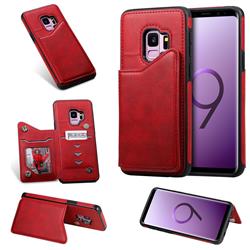 Luxury Multifunction Magnetic Card Slots Stand Calf Leather Phone Back Cover for Samsung Galaxy S9 - Red