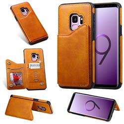 Luxury Multifunction Magnetic Card Slots Stand Calf Leather Phone Back Cover for Samsung Galaxy S9 - Brown