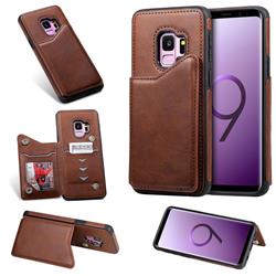 Luxury Multifunction Magnetic Card Slots Stand Calf Leather Phone Back Cover for Samsung Galaxy S9 - Coffee