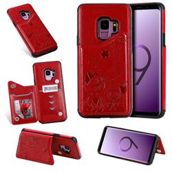 Luxury Bee and Cat Multifunction Magnetic Card Slots Stand Leather Back Cover for Samsung Galaxy S9 - Red