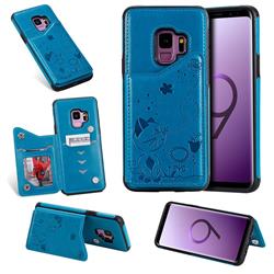Luxury Bee and Cat Multifunction Magnetic Card Slots Stand Leather Back Cover for Samsung Galaxy S9 - Blue