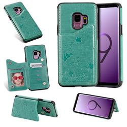 Luxury Bee and Cat Multifunction Magnetic Card Slots Stand Leather Back Cover for Samsung Galaxy S9 - Green