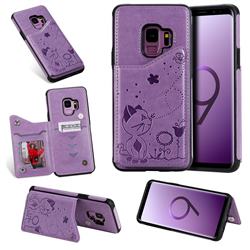 Luxury Bee and Cat Multifunction Magnetic Card Slots Stand Leather Back Cover for Samsung Galaxy S9 - Purple