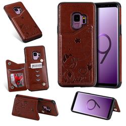 Luxury Bee and Cat Multifunction Magnetic Card Slots Stand Leather Back Cover for Samsung Galaxy S9 - Brown