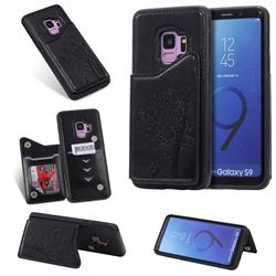 Luxury R61 Tree Cat Magnetic Stand Card Leather Phone Case for Samsung Galaxy S9 - Black