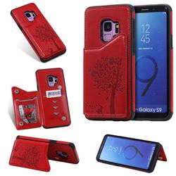 Luxury R61 Tree Cat Magnetic Stand Card Leather Phone Case for Samsung Galaxy S9 - Red