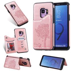 Luxury R61 Tree Cat Magnetic Stand Card Leather Phone Case for Samsung Galaxy S9 - Rose Gold