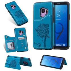 Luxury R61 Tree Cat Magnetic Stand Card Leather Phone Case for Samsung Galaxy S9 - Blue