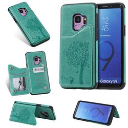 Luxury R61 Tree Cat Magnetic Stand Card Leather Phone Case for Samsung Galaxy S9 - Green