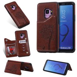 Luxury R61 Tree Cat Magnetic Stand Card Leather Phone Case for Samsung Galaxy S9 - Brown