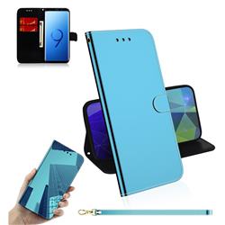 Shining Mirror Like Surface Leather Wallet Case for Samsung Galaxy S9 - Blue