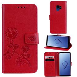 Embossing Rose Flower Leather Wallet Case for Samsung Galaxy S9 - Red