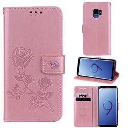 Embossing Rose Flower Leather Wallet Case for Samsung Galaxy S9 - Rose Gold