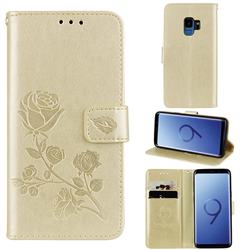 Embossing Rose Flower Leather Wallet Case for Samsung Galaxy S9 - Golden