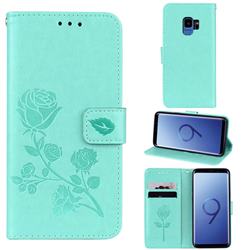 Embossing Rose Flower Leather Wallet Case for Samsung Galaxy S9 - Green