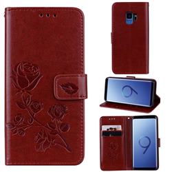 Embossing Rose Flower Leather Wallet Case for Samsung Galaxy S9 - Brown
