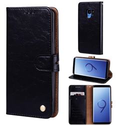 Luxury Retro Oil Wax PU Leather Wallet Phone Case for Samsung Galaxy S9 - Deep Black