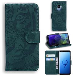 Intricate Embossing Tiger Face Leather Wallet Case for Samsung Galaxy S9 - Green