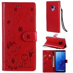 Embossing Bee and Cat Leather Wallet Case for Samsung Galaxy S9 - Red