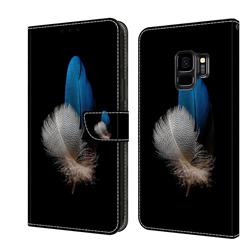 White Blue Feathers Crystal PU Leather Protective Wallet Case Cover for Samsung Galaxy S9