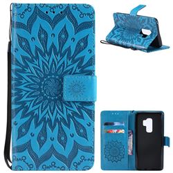 Embossing Sunflower Leather Wallet Case for Samsung Galaxy S9 Plus(S9+) - Blue