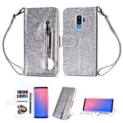 Glitter Shine Leather Zipper Wallet Phone Case for Samsung Galaxy S9 Plus(S9+) - Silver