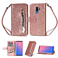 Glitter Shine Leather Zipper Wallet Phone Case for Samsung Galaxy S9 Plus(S9+) - Pink